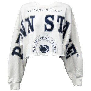 women's white Phipps split sleeve crop crewneck sweatshirt with Penn State graphics
